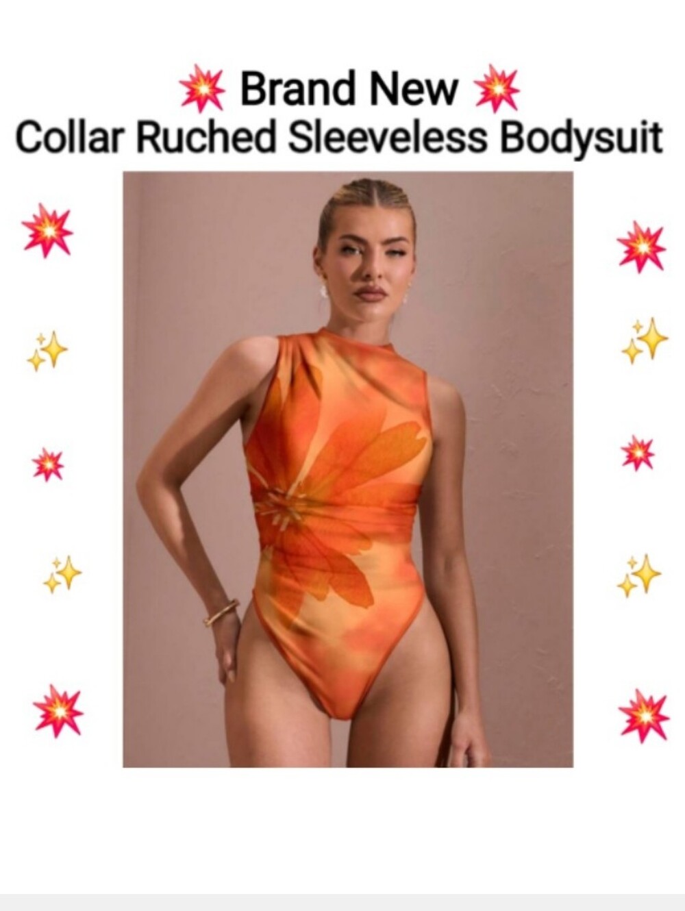 New 💥 Sleeveless Ruched Collar Bodysuit in Orange Floral, Size L